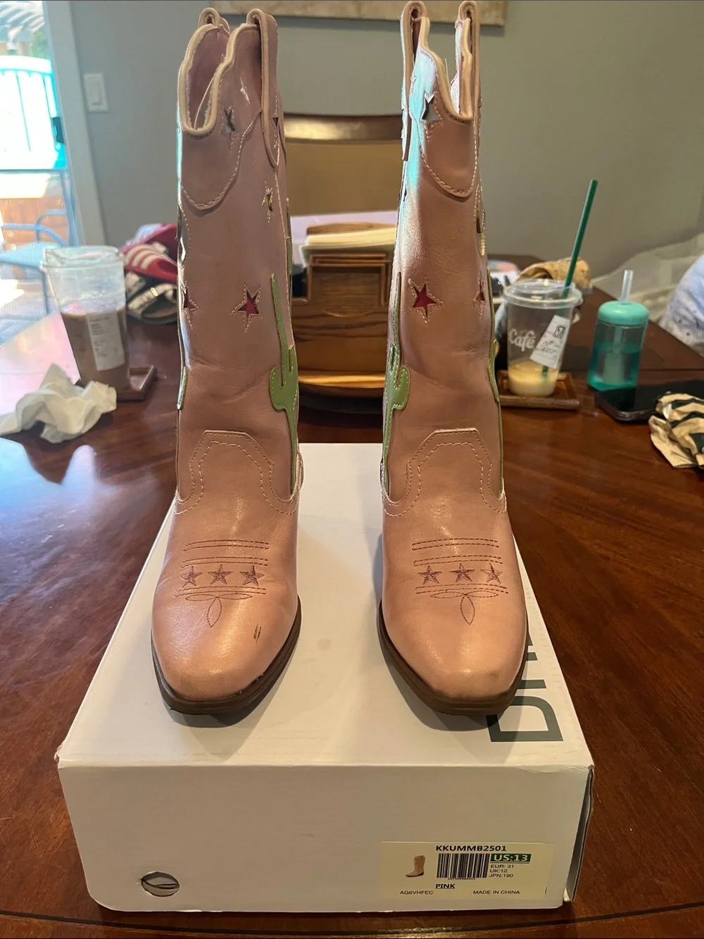 Dream Pairs Pink Kids Cowboy Boots with Green Cactus Appliqués